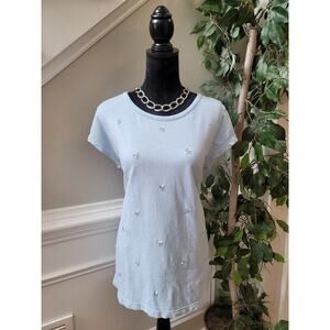 Van Heusen Blouse Women's Size L Blue 100% Cotton Short Sleeves Top Crew Neck